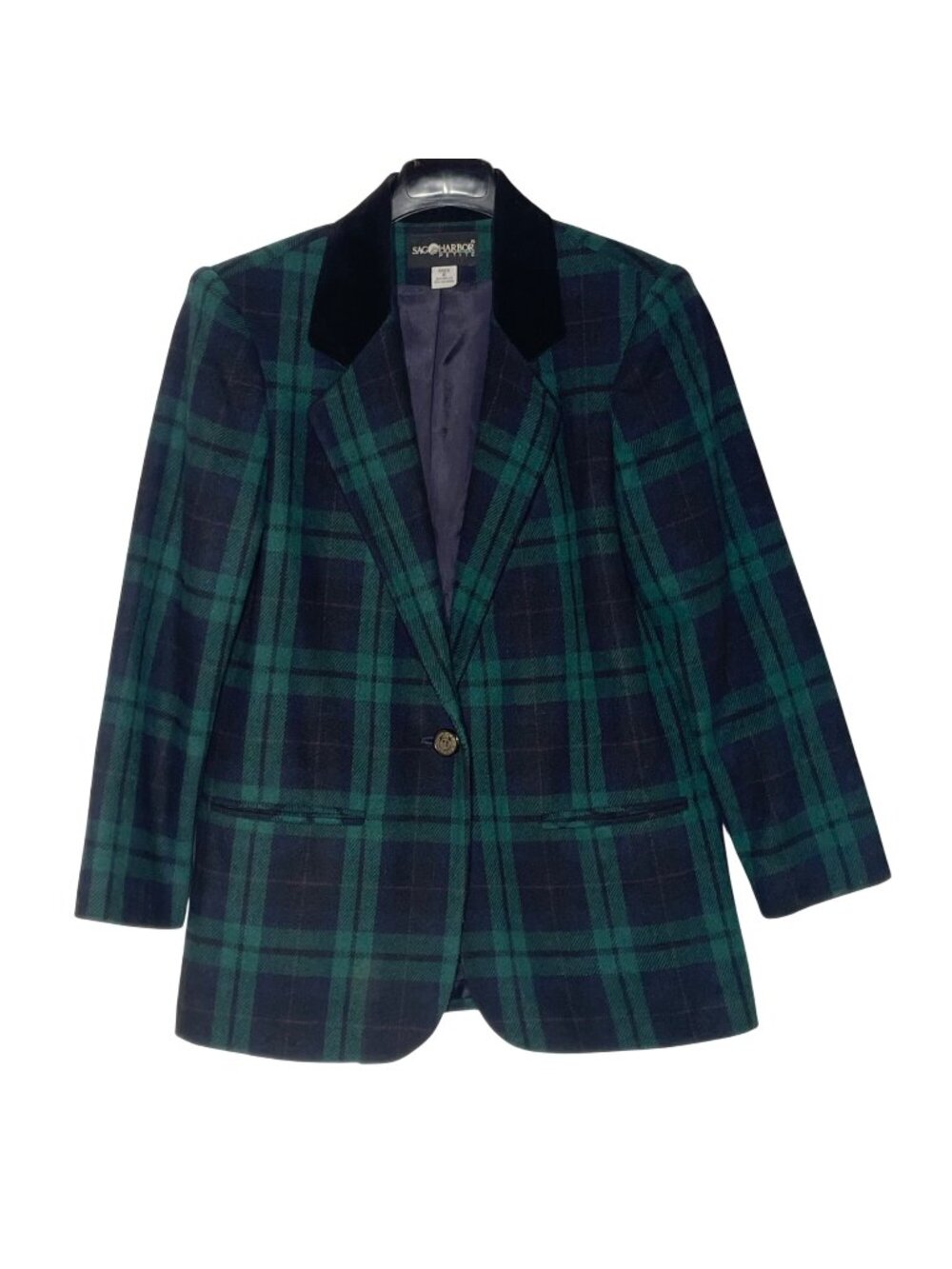 Sag Harbor VTG Wool Tartan Plaid Velvet Collar Blazer Sz 6P Academia Preppy